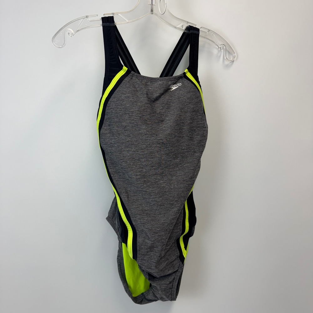 Speedo Womens Gray Black Neon Yellow Racerback‎ One Piece Swimsuit Size 8